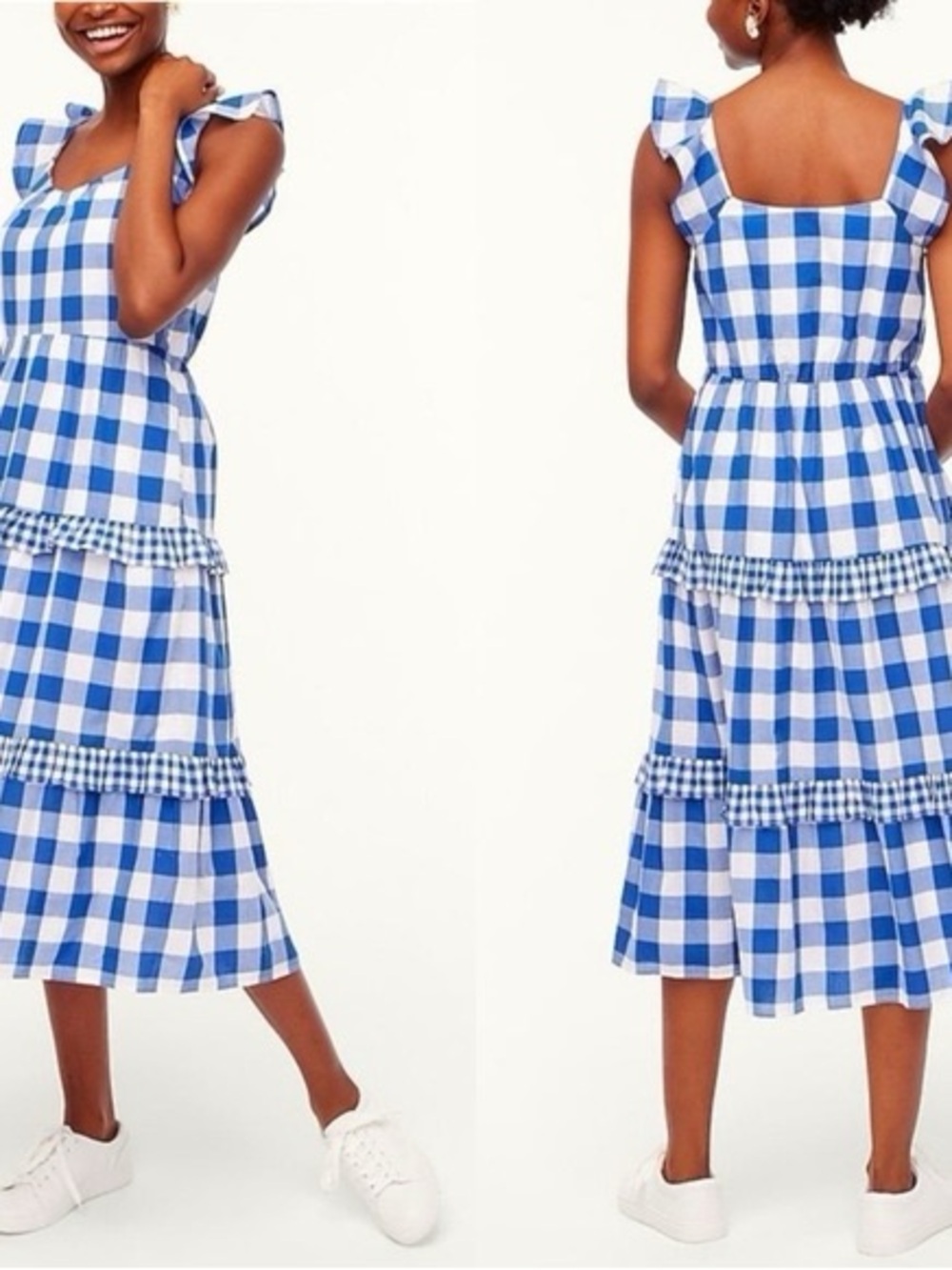 by & by Blue Gingham Tiered Midi Dress